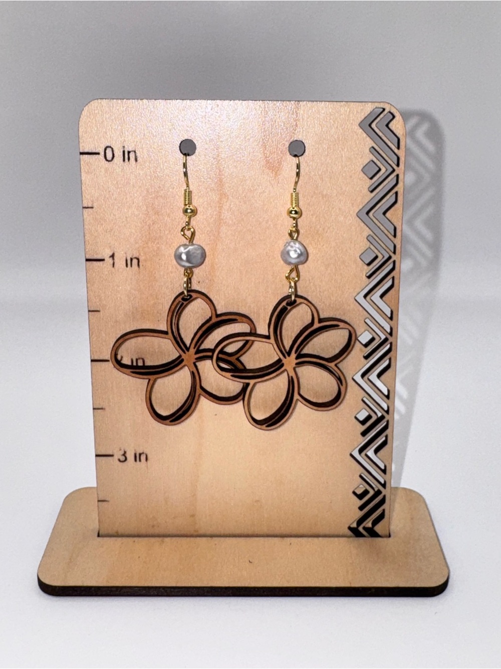 Laser cut  Brown Plumeria Floral Cutout Dangle Earrings with Pearl Accent